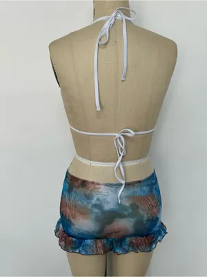White Textured Halter Bikini Top with Blue Tie-Dye Mini Skirt thumbnail 3