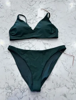 NEW Quince Palm Green Italian V Neck Bikini Top & Low Rise Bottoms Size Medium thumbnail 1