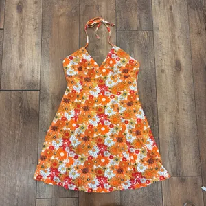 CIDER NWT Orange Floral Halter Mini Dress Women's L Retro Y2K Summer Cottagecore thumbnail 2