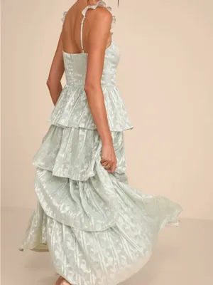 Lulus Stunning Glory Sage Green Floral Jacquard Tiered Maxi Dress - Size S thumbnail 5