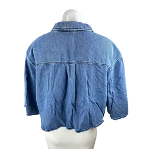 COS Blue Oversized Collared Half Sleeve Button Up Crop Denim Shirt Blouse Top 14 thumbnail 2