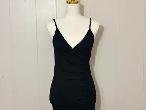 Pampelone Black Ruched Midi Dress Wrap Draped Spaghetti Strap Size M thumbnail 2