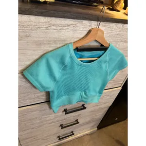 OFFLINE by Aerie Seamless Ribbed Crossover Crop Top Aqua Blue Short Sleeve M thumbnail 3