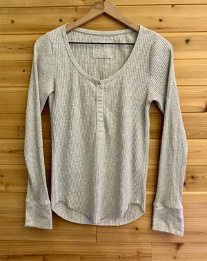 Aerie Large Ribbed Essential Henley Layering Long Sleeve Raw Edge Hem Shirt thumbnail 1