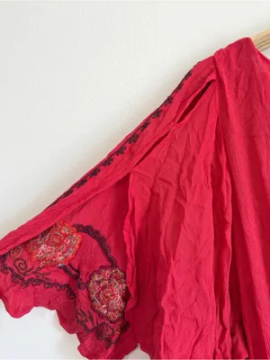 Free People Cora Embroidered Mini Dress Size Large Red Floral Boho Beach thumbnail 9