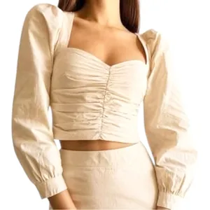Aritzia Sunday‎ Best Cream Petal Top Ruched Cropped Taffeta Blouse Size 4 thumbnail 1