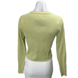 Reformation Green Rib Knit V-Neck Button Long Sleeve Crop Cardigan Sweater Top M thumbnail 2