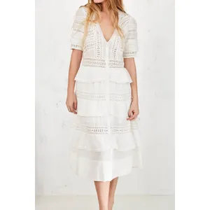 LoveShackFancy Rebecca 100% Cotton White Lace Embroidered Tiered Midi Dress thumbnail 3
