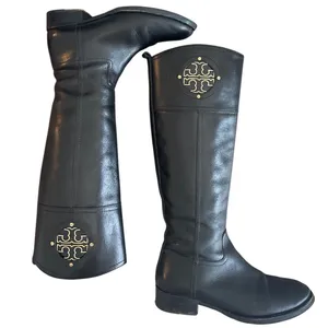 Tory Burch Kiernan Black Leather Riding Boots Gold Logo Knee High 7 thumbnail 4