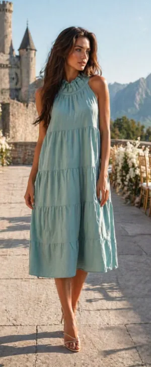 Entro Sage Green Tiered Midi Dress Ruffle Neck Feminine Romantic‎ Quiet Luxury S thumbnail 1