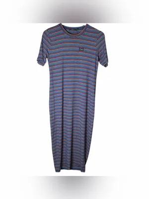 Obey Worldwide Striped Midi Shirt Dress Blue Red Yellow Logo Tee Dress Sz Small thumbnail 2