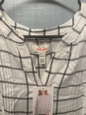 Wrangler Women's Windowpane Plaid Pintuck Blouse with Lace Trim, Size Medium thumbnail 2