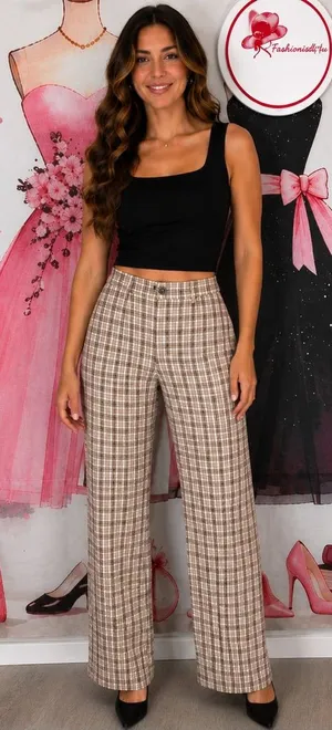 SHEIN Beige Plaid Wide-Leg Pants Sz M thumbnail 1