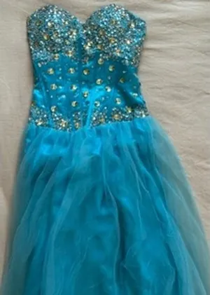 Aqua Blue Rhinestone Embellished Tulle Prom Gown Corset Back Sweetheart Dress thumbnail 1