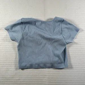 Garage Juniors Medium Blue Ribbed Crop Top V Neck Short Sleeve Stretch thumbnail 4
