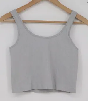 OQQ Womens Ribbed Seamless Crop Tank Top Light Grey Athletic Scoop Neck Large thumbnail 1