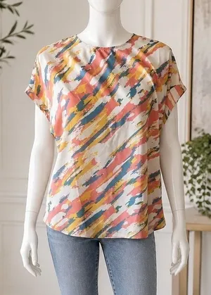 Gilli Womens Blouse Peach Blue Watercolor Abstract Print Dolman Sleeve Layering thumbnail 1
