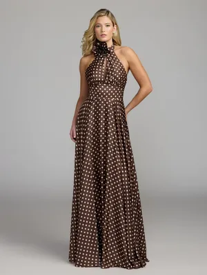 IEENA FOR MAC DUGGAL Size 2 Brown Polka Dot A-Line Halter Gown Rosette FLAWS thumbnail 4