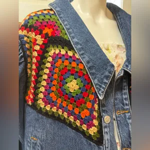 Farm Rio X Anthropologie Crochet Denim Trucker Jacket SZ Medium thumbnail 12