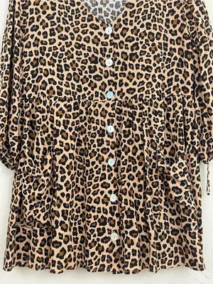Entro Leopard Print Button‎ Front Babydoll Tunic Top/Dress Size M- Brown/Black thumbnail 5