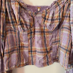 Free People Purple Plaid Puff Sleeve Babydoll Blouse Cropped Women's size Large thumbnail 6