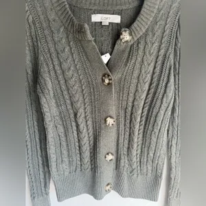 NWT LOFT Green Button-Up Cable Knit Preppy Cardigan Sweater Cotton Wool Blend thumbnail 5