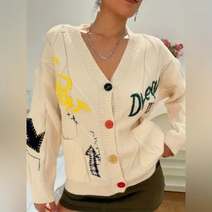 Retro Multicolored Chunky Cable Knit Button Front Cardigan Sweater thumbnail 4