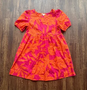 GB Women’s Pink Orange Floral Puff Sleeve Babydoll Mini Dress Size XS Tropical thumbnail 1