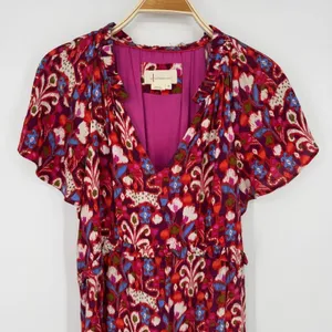 Anthropologie Robin Tiered Mini Dress Size XS Red Floral Ikat Ruffle Boho V Neck thumbnail 3