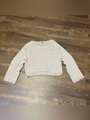 American Eagle Ballet Neck Open Knit Oversized Sweater Women's Large Beige thumbnail 2