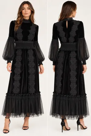 TOV Los Angeles Black Velvet Lace Maxi Dress Size 38 US 6 Small Witchy Victorian thumbnail 2