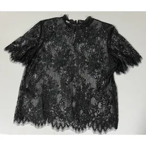 Black Victorian Floral Lace Mock-Neck Short Sleeve Blouse Top Shirt Size M 🖤 thumbnail 2