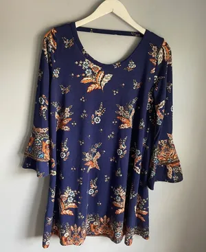 Angie Navy Blue Floral Bell Sleeve Tunic Dress Small Boho Ruffle Scoop Back thumbnail 1
