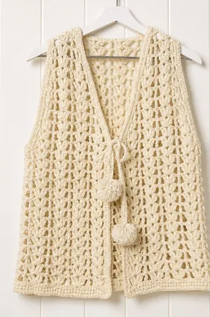 Crochet Sweater Vest Women's Large Ivory Open Knit Pom Pom Tie Sleeveless thumbnail 1