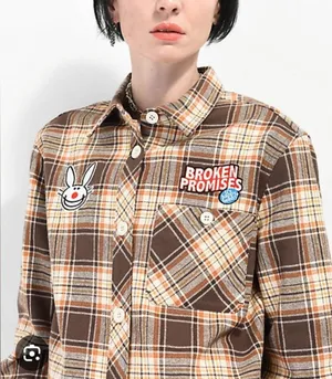 Broken Promises x‎ Happy Bunny Graffiti Brown Flannel Shirt. Size M. thumbnail 1