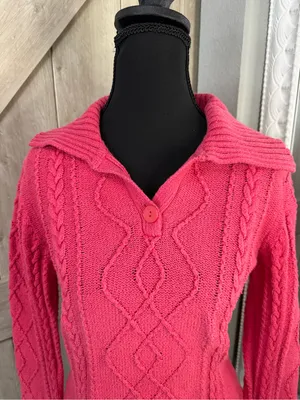 Y2K Barbiecore Hot Pink Cable Knit Polo Sweater - Small - Medium thumbnail 2