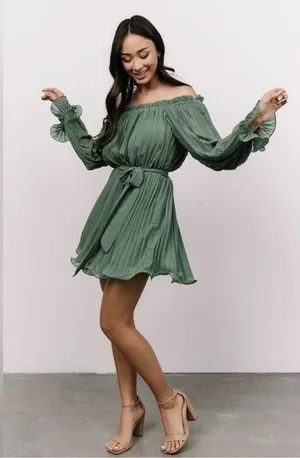 NEW Baltic Born Aubrey Off the Shoulder Pleated Mini Dress Green Large L NWT thumbnail 1