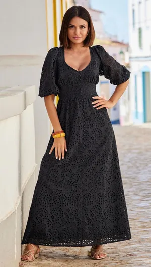 Boston Proper Eyelet Button Front Maxi Dress Size 10 Black Cotton‎ Minimalist thumbnail 1