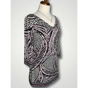 White House Black Market Purple & Black 3/4 Sleeve Drape Neck Stretchy Tunic M thumbnail 4