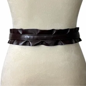 Gap Y2K Faux Leather Brown Ruffle Antique Gold Buckle Belt Women’s Size Medium thumbnail 3