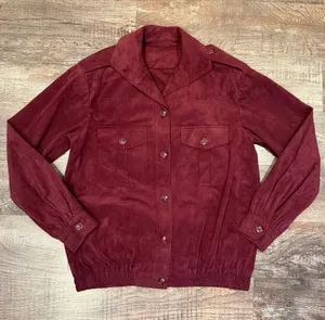 Ultra Suede Vintage Maroon Bomber Style Jacket Shoulder Pads Small/Medium Button thumbnail 1