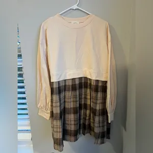Chic Plaid A-Line Dress in Cream and Brown thumbnail 3