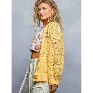 POL Open-Knit Floral Button‎ Cardigan - Large thumbnail 3