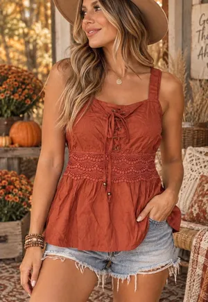 NWT Boho Lace Up Peplum Cami Top Rust Orange Crochet Waist Angie Small thumbnail 1