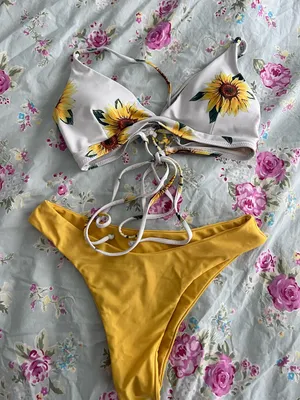 Sunflower Print Lace-Up Bikini Top with Mustard Bottoms thumbnail 1