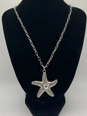 Silvertone Oversized Rhinestone Starfish Pendant On Chain‎ Necklace Mermaidcore thumbnail 1