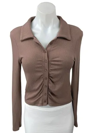 Abercrombie & Fitch Brown Ribbed Knit Collared Button Up Ruched Shirt Top Size S thumbnail 1
