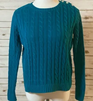 Lands’ End blue classic cable-knit pullover sweater Size Medium Petite thumbnail 1
