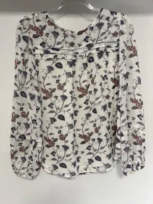 LOFT M White Floral Striped Pleated Yoke Lined Peasant Blouse Neutral Feminine thumbnail 1