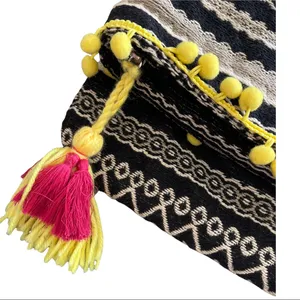 Just Fab Fold Over Bag Yellow Pom Pom Tassel‎ Trim Colorful Clutch Purse thumbnail 3